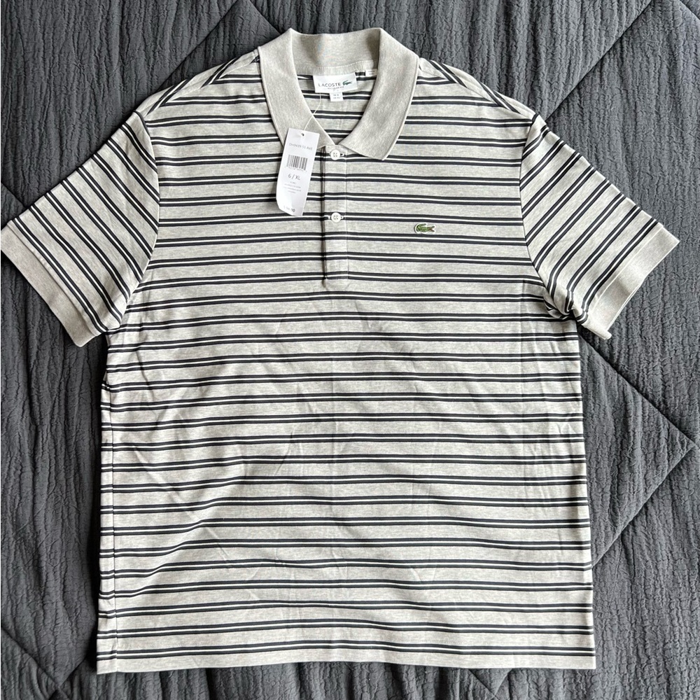 Lacoste Men's Striped Polo Shirt - Gray and White